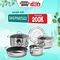Bộ nồi chảo inox cao cấp 5 món Easy Cook Sunhouse SHG996E gồm 2 nồi (20cm, 24cm), 1 chảo 24cm , 1 quánh 24cm , 1 xửng hấp 16cm - Dùng trên mọi loại bếp - Hàng chính hãng