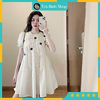 Đầm trắng cổ tròn đính hoa nhí siêu xinh Váy suông babydoll nhún ngực