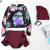 1 ~ 10Y Đồ Bơi Nữ Dài Tay Bơi 3 Món Bơi Mặc Cho Trẻ Em Bé Gái Rashguard Con Hạc Bãi Biển wear-SW433