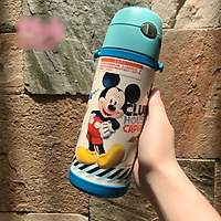 Bình nước giữ nhiệt có ống hút hình chuột Mickey đứng màu xanh cho trẻ em, các bé, học sinh - (400ml) - WD-3424MK1