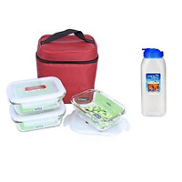 Bộ Hộp Đựng Cơm Thuỷ Tinh Lock&Lock Có Túi LLG422S4 (3 Hộp 380ml) Kèm Bình Đựng Nước