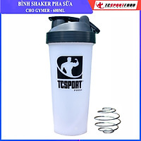 Bình lắc Shaker pha sữa cho người tập GYM hiệu TCSPORTFOOD - Bình nước thể thao Shaker 600 ml - Bình màu trắng nắp đen