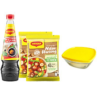 Combo Maggi Vị Chay: 2 Gói Hạt Nêm Nấm Hương 450g + 1 Chai Nước Tương Đậm Đặc 700ml - Tặng 1 Thố Thủy Tinh