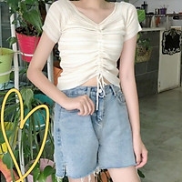 New Women T-shirt Striped Drawstring V Neck Tops Harajuku T-shirt Summer Short Sleeve T-shirt Korean Punk T-shirt Female