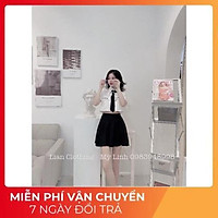 SET ÁO C.N CỔ NƠ CÀ VẠT CRTOP MIX CHÂN VÁY XOÈ ĐEN XẾP LY