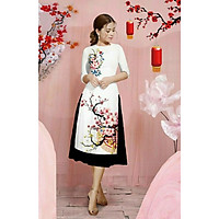 SET ÁO DÀI CÁCH TÂN IN HOA ĐÀO MÀU TRẮNG 3D MÀU TRẮNG