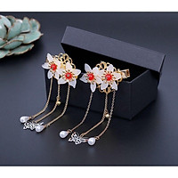 Cài tóc cổ trang nữ hoa nhị đỏ thả điệp lục lạc phong cách Trung Quốc tặng ảnh thiết kế Vcone ( 1 chiếc)