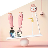 Bộ đũa kèm thìa nĩa tập ăn dặm cho bé hình chú gà ngộ nghĩnh ( Tặng 01 khẩu trang xô cho bé )