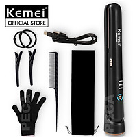 Máy duỗi tóc không pin KEMEI KM-HS101 sử dụng pin sạc USB điều chỉnh 3 mức nhiệt độ làm nóng nhanh Tặng kèm bao tay cách nhiệt, kẹp chia tóc, lược chải tóc, thun cột tóc