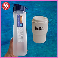 Bình đựng nước 1 lít kèm cốc uống nước nắp xoay 320ml có lỗ cắm ống hút