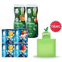 Combo 6 (2 Gerber Puffs Cam Chuối + 1 Gerber Puffs Chuối Táo + 1 Gerber Puffs Dâu Táo + 1 Gerber Organic Táo +1 Gerber Organic Nam Việt Quất Cam) TẶNG Khăn Choàng Trái Táo
