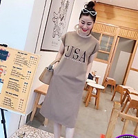 Váy Suông Dáng Dài Đầm Suông Tay Hến In Hình Chữ USA Hàng VNXK