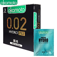 Bao Cao su Okamoto 0.02 PU Siêu mỏng Truyền Nhiệt Nhanh Hộp 3 Cái - Tặng 1 Gói Gel Bôi Trơn Hydro