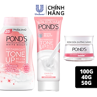 Combo Kem Sữa Rửa Mặt Dưỡng Trắng Nâng Tông Pond'S White Beauty 100G, Phấn Phủ Nâng Tông Pond'S 40G Và Kem Sữa Dưỡng Trắng Nâng Tông Pond'S 50G