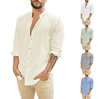 Men Shirt Linen Cardigan Solid Color Casual Stand-up Collar Long-sleeved Shirt
