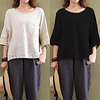 ZANZEA 2018 Women Crew Neck 3/4 Sleeve Tops Blusas Summer Ladies Casual Loose Cotton Solid Top Blouse Shirt Plus Size S-5XL (Beige)