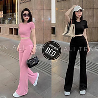 Set Bộ Quần Dài Ống Loe Kèm Áo Croptop Tay Ngắn Chất Thun Gân Chính Phẩm Thích Hợp Mặc Đi Tiệc Đi Làm Đi Chơi