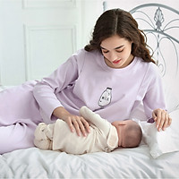 Bộ Quần Áo Sau Sinh Cho Bé Bú Cao Cấp 100% Cotton Thu Đông, Hàng Đẹp Cao Cấp, Dệt Kim 2 Lớp Dày Dặn, Mềm Mịn, Thoáng Khí, Thấm hút mồ hôi, Thiết kế mở áo 2 bên cho bé bú kín đáo và tiện lợi, Dây điều chỉnh kích cỡ vòng bụng, Mã KH04