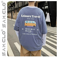 Áo thun nữ tay lỡ SAM CLO freesize phông form rộng Unisex, mặc lớp, nhóm, cặp in chữ leisure travel hình XE BUS