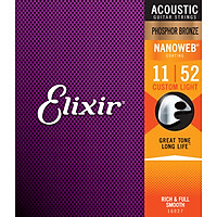 Bộ dây đàn Guitar Acoustic cao cấp/ Acoustic Guitar Strings - Elixir 16027, Bright, Smooth - Phosphor Bronze, Nanoweb Coating, Custom Light 11-52 - Hàng chính hãng
