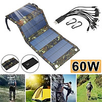 60W Foldable Solar Panel With 10-in-1 USB Cable Solar Folding Charger Waterproof 2 Hooks Durable for Phone Backpack Ca