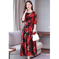 Women Summer Long Dress Fashion Flower Printing Pagoda Half Sleeve Slim Waist A-line Bohemia Dress