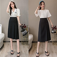 chân váy A dáng dài xếp ly phối 3 khuy chất tuyết mưa