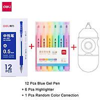 Deli Student Study Stationery Set 12 Pcs 0.5mm Black Blue Red Ink Gel Pen 6 Pcs DIY Drawing Colored Highlighters Watercolor Pen 1 Pcs Random Color Mini Correction Tape Typo Correcting Tools
