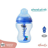 Bình sữa siêu chống đầy hơi kèm báo nhiệt Tommee Tippee Advanced Anti-Colic 260ml, núm ty đi kèm 0-3 tháng (bình đơn) - Xanh dương