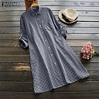 Đầm Nữ Tay Dài Cổ Đứng Kiểu Dáng Baby Doll Chữ A Dễ Thương Họa Tiết Ô Vuông Nhỏ Chất Liệu Vải Mát(Thương Hiệu ZANZEA)