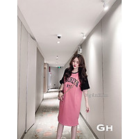 váy suông nữ, đầm suông cộc tay phối in chữ n.y.c chất cotton 2 màu