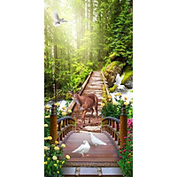 Tranh dán tường 3D con đường hàng cây khổ dọc - tranh đứng - vải lụa phủ kim sa