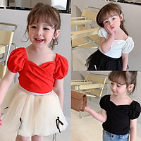 Girls T-shirt Solid Color Puff Sleeve Short-sleeved Little V-neck T-shirt For 2-6 Years Old