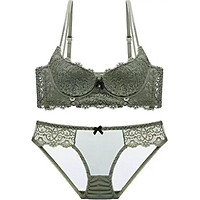 Bộ đồ lót cúp ngang bảng ren thêu khoen tròn - Xanh - 36A
