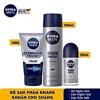 Bộ 3 sản phẩm Xịt và Lăn Ngăn Mùi NIVEA MEN Silver Protect Phân Tử Bạc Giảm 99.9% Vi Khuẩn Gây Mùi (150ml - 82959 & 50ml - 83778) & Sữa Rửa Mặt NIVEA MEN Làm Sáng Da (100G) - 88836