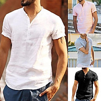 Men Shirt Cotton Linen Stand-up Collar Short-sleeved Shirt Solid Color Pullover Shirt