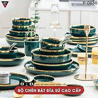 Bộ Chén Bát Đĩa Xanh Ngọc Lục Bảo Viền Vàng Phong Cách Bắc Âu Sang Trọng