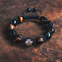 Vòng tay phong thủy thời trang handmade đá mắt hổ nâu vàng, đá đen kết hợp gỗ sưa đỏ bi kim tiền dây đan shamballa phật giáo