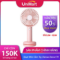 Quạt Mini Cầm Tay Damas Donut T9 Tích Điện Tiện Lợi Kèm Cáp Sạc - Tích Hợp Đèn Led Đổi Màu Lung Linh, Ảo Diệu - Thiết Kế Chân Đế Thiết Kế Bánh Donut Giữ Quạt Để Bàn ( Đế Silicon Là Ngăn Để Cáp Sạc 0,5m) - Hàng Chính Hãng