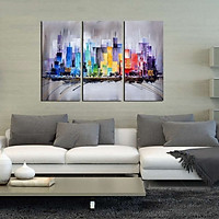 Modern Framed Canvas Wall Art Hand Painted Painting "Colorful City"—ARTLAND 60*30cm*3