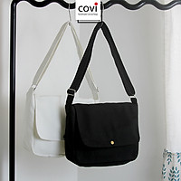 Túi tote đeo chéo vải canvas, túi vải bố hình bán nguyệt Unisex nam nữ đi học đi chơi thời trang COVI đen trắng T29