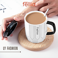 Ly sứ Fashion Life của Fellia cao cấp có nắp đậy tặng kèm muỗng phong cách sang trọng tao nhã _FEL10710