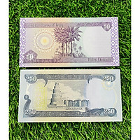 Combo 2 tờ tiền Iraq 50 250 Dinar, hình ảnh biểu tượng của I-rắc , mới 100% UNC, tặng phơi nilon bảo quản