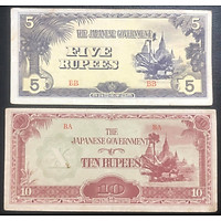 Cặp tiền 5 rupees và 10 rupees quân đội Nhật Bản sử dụng tại Miến Điện trong thế chiến thứ hai - Tặng túi nilon bảo quản