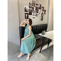 Đầm maxi dập ly cổ yếm phối nơ nhỏ cực đẹp hình thật