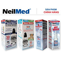 Combo Family: Bộ Xịt Rửa Vệ Sinh Mũi Xoang Toàn Diện Cho Cả Gia Đình NeilMed Sinus Rinse & Moisturize - SX Mỹ(Bình + 10 gói muối người lớn, Bình + 30 gói muối trẻ em; 1 chai xịt phun sương 75ml cho bé; 1 chai xịt ngăn ngừa khô mũi, chảy máu cam)
