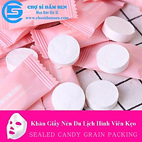 Set 50 Khăn giấy nén hình viên kẹo, khăn giấy ướt dùng khi đi du lịch lau mặt mềm mại siêu dai hình vuông loại cao cấp