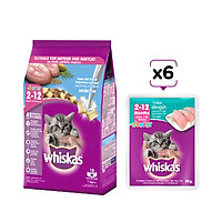 Combo thức ăn cho mèo con Whiskas dạng hạt vị cá biển 1.1 kg + 6 túi pate mèo con vị cá ngừ 80g