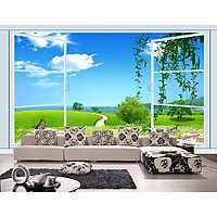 Tranh dán tường 3D cửa sổ con đường - vải lụa phủ kim sa