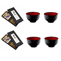 Set 10 đôi đũa tre tự nhiên + 04 bát nhựa tròn (màu đen lòng đỏ) - Hàng nội địa Nhật Bản.